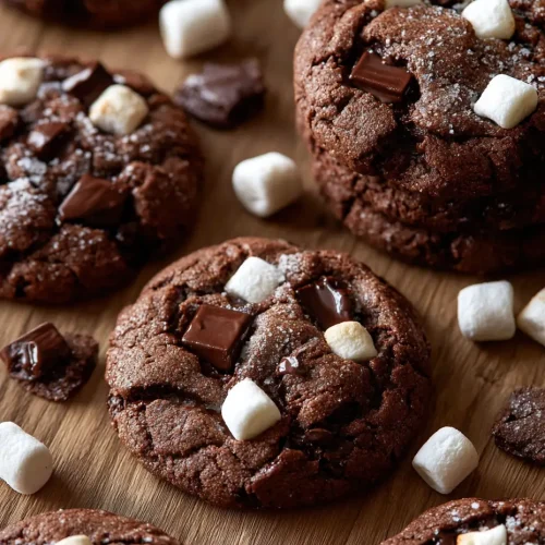 Hot chocolate cookies with chunks of melted chocolate and mini marshmallows, displayed on a wooden surface with scattered marshmallows and chocolate pieces.
