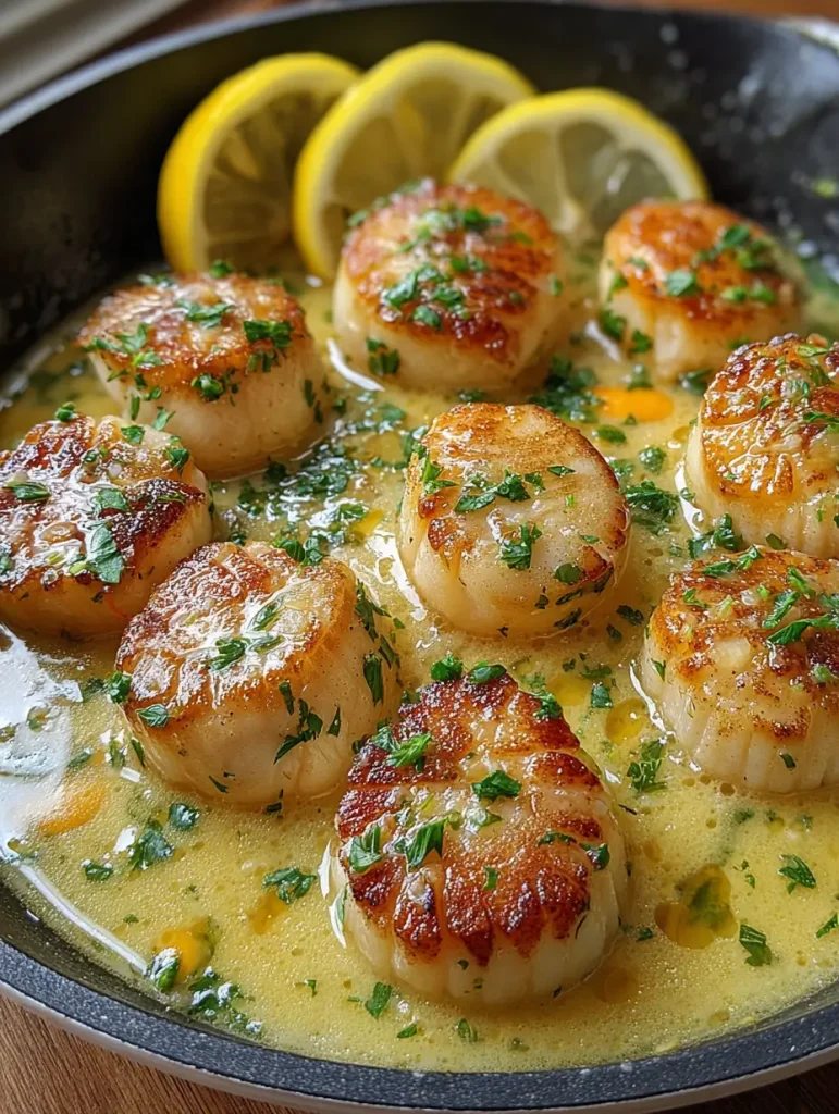 Seared scallops in a creamy lemon butter sauce, garnished with chopped parsley and lemon slices in a black skillet.