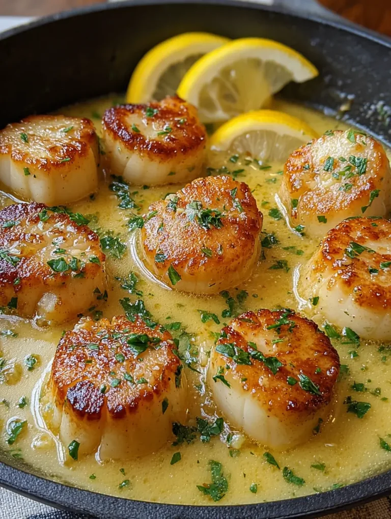 Seared scallops in a lemon butter sauce, garnished with fresh parsley and lemon slices in a black skillet.