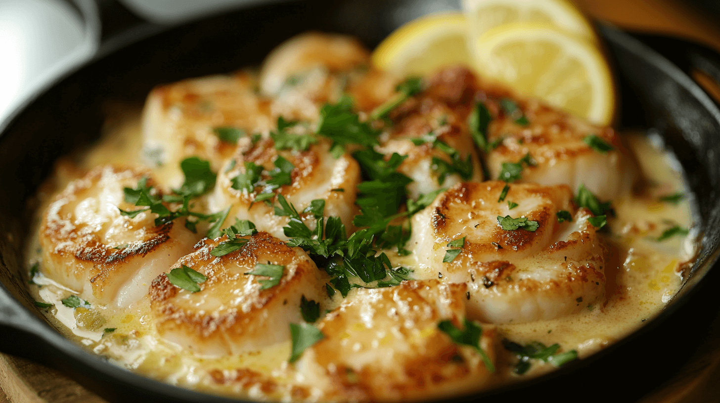Close-up of Lemon Butter Scallops served in a skillet, garnished with fresh parsley and accompanied by lemon slices.