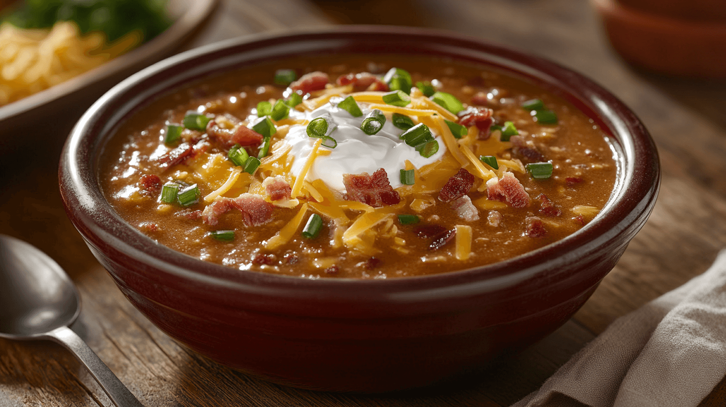 A comforting bowl of loaded baked potato soup garnished with shredded cheddar cheese, crispy bacon pieces, a dollop of sour cream, and freshly chopped green onions, served in a rustic dark red bowl.