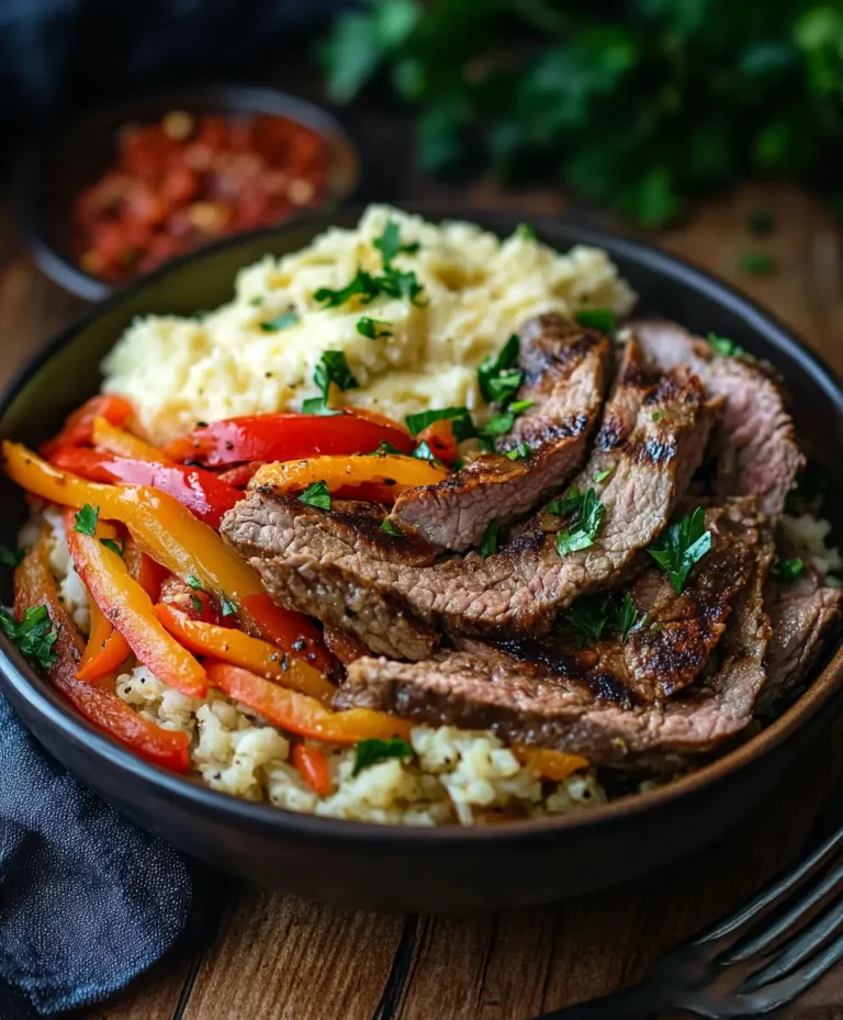 Philly cheesesteak bowl with sliced steak, sautéed red and yellow bell peppers, and creamy mashed potatoes served over seasoned rice.