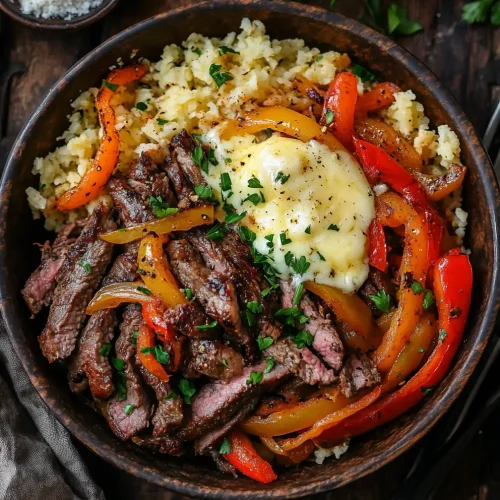 Philly cheesesteak bowl with sliced steak, sautéed red and yellow bell peppers, seasoned rice, and melted cheese, garnished with fresh parsley.