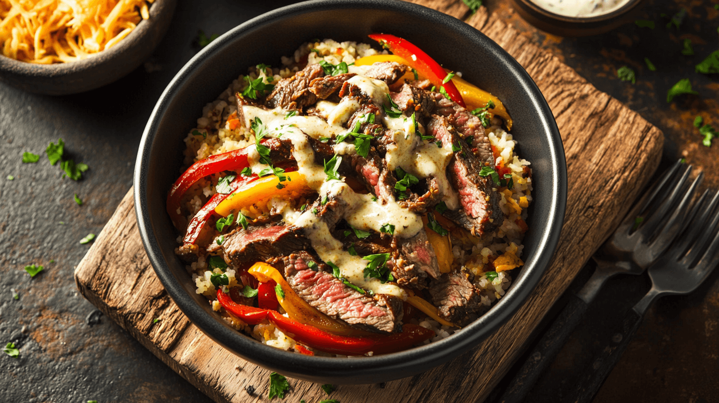 Philly Cheesesteak Bowl with seared steak strips, sautéed bell peppers, and rice topped with a creamy cheese sauce, served in a black bowl on a rustic wooden board.