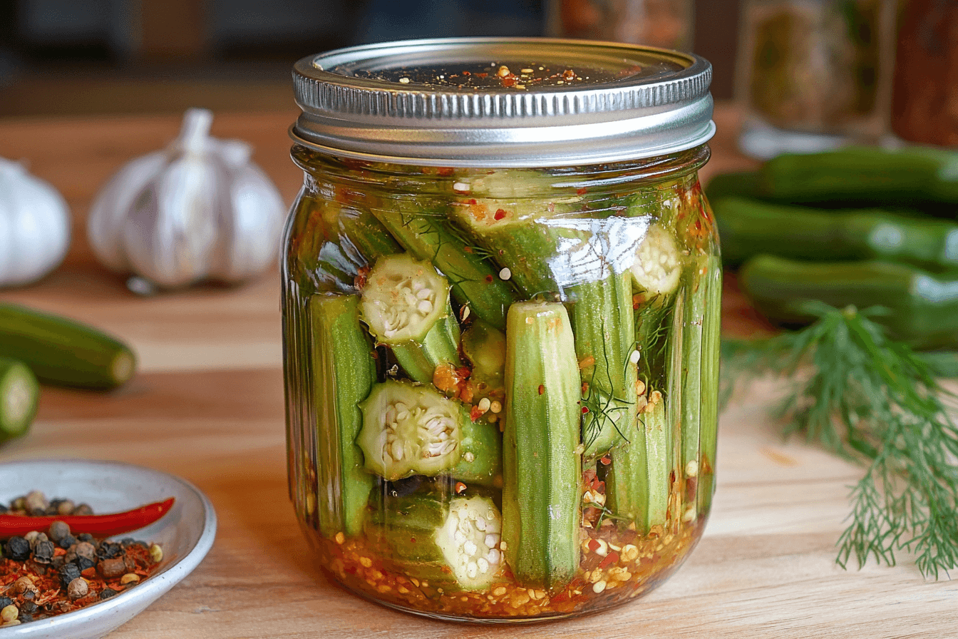 A glass jar filled with vibrant pickled okra spears, accented with red pepper flakes, garlic, and dill sprigs, placed on a wooden countertop with fresh okra, garlic bulbs, and spices in the background.