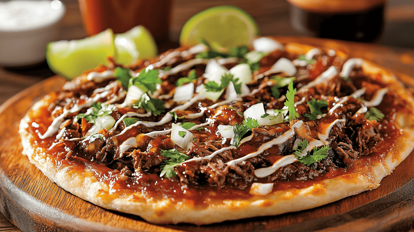 A close-up of a quesabirria pizza topped with tender shredded beef, fresh cilantro, diced onions, and a drizzle of creamy sauce on a wooden serving board.
