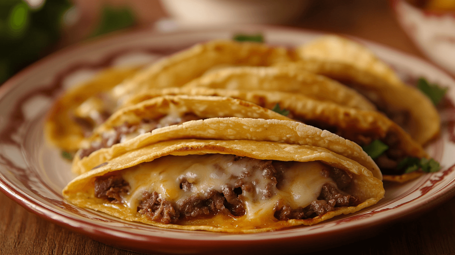 Quesabirria tacos served on a rustic plate, with crispy corn tortillas filled with tender, juicy birria beef and melted cheese.