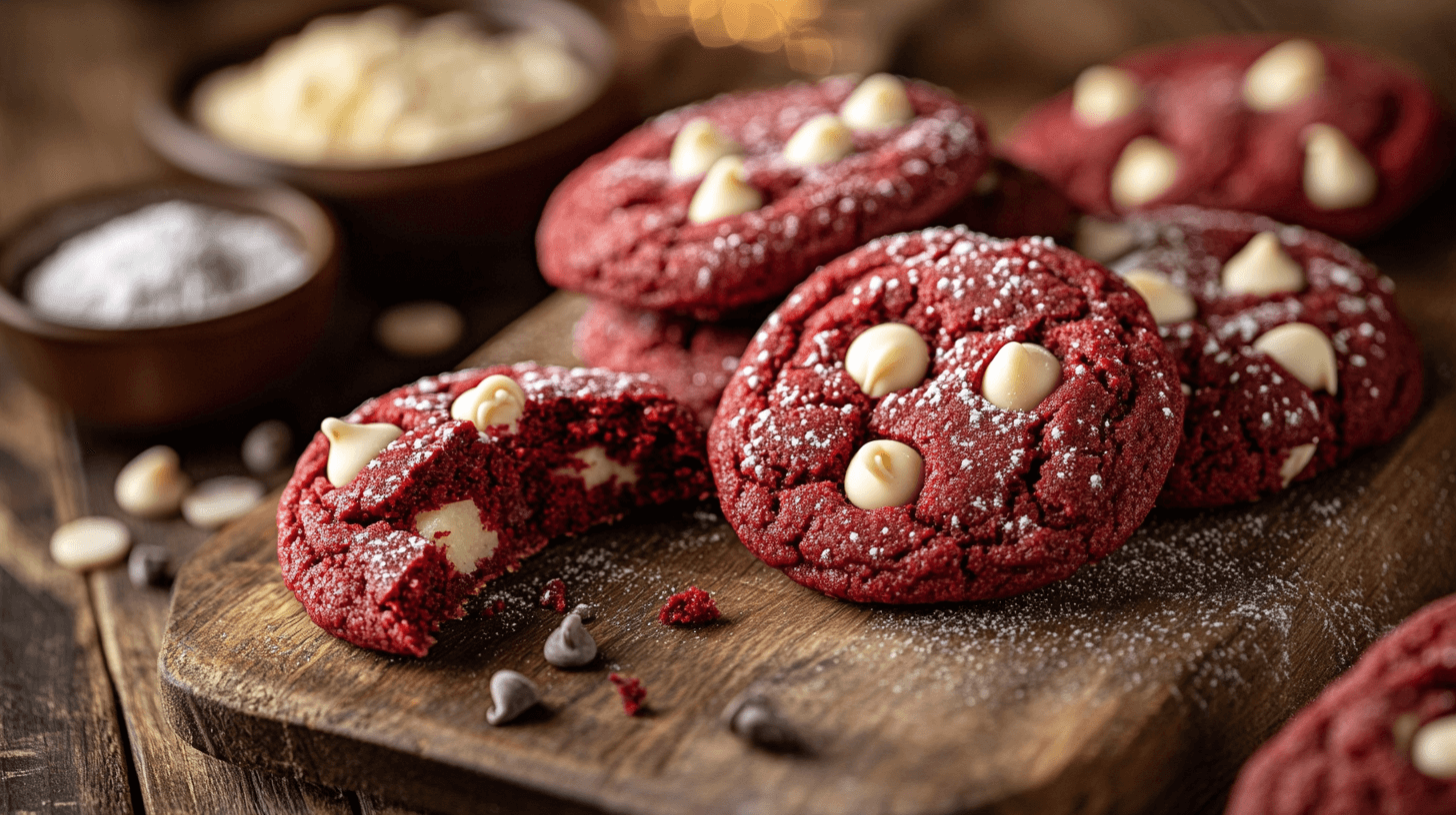 Freshly baked red velvet cookies with white chocolate chips, dusted with powdered sugar and displayed on a rustic wooden board.