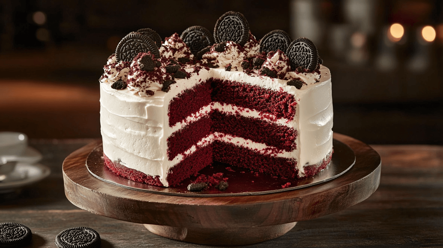 A decadent three-layer red velvet Oreo cake adorned with creamy white frosting, Oreo cookies, and red velvet crumbs, displayed on a wooden cake stand with warm, ambient lighting in the background.