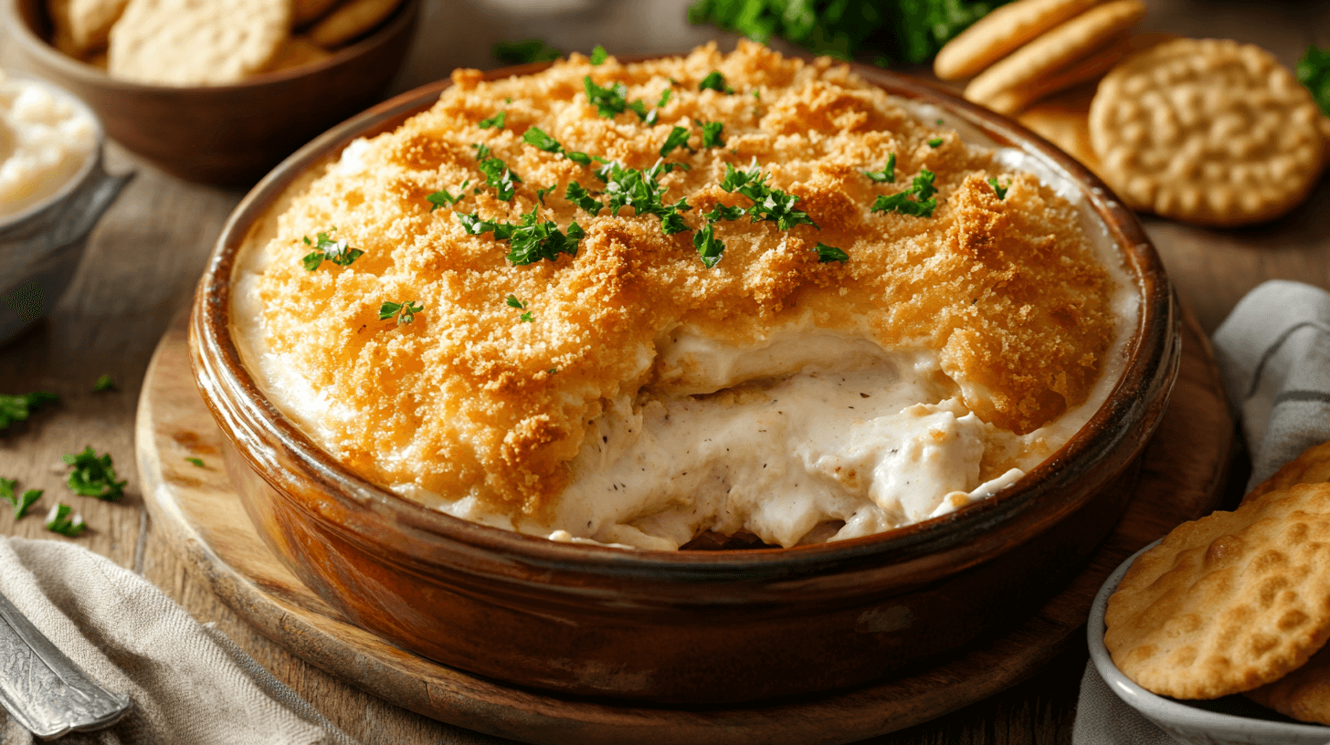 A golden-brown Ritz cracker chicken casserole served in a rustic ceramic dish, topped with crispy breadcrumbs and fresh parsley. Surrounding the casserole are crackers and fresh herbs for garnish.