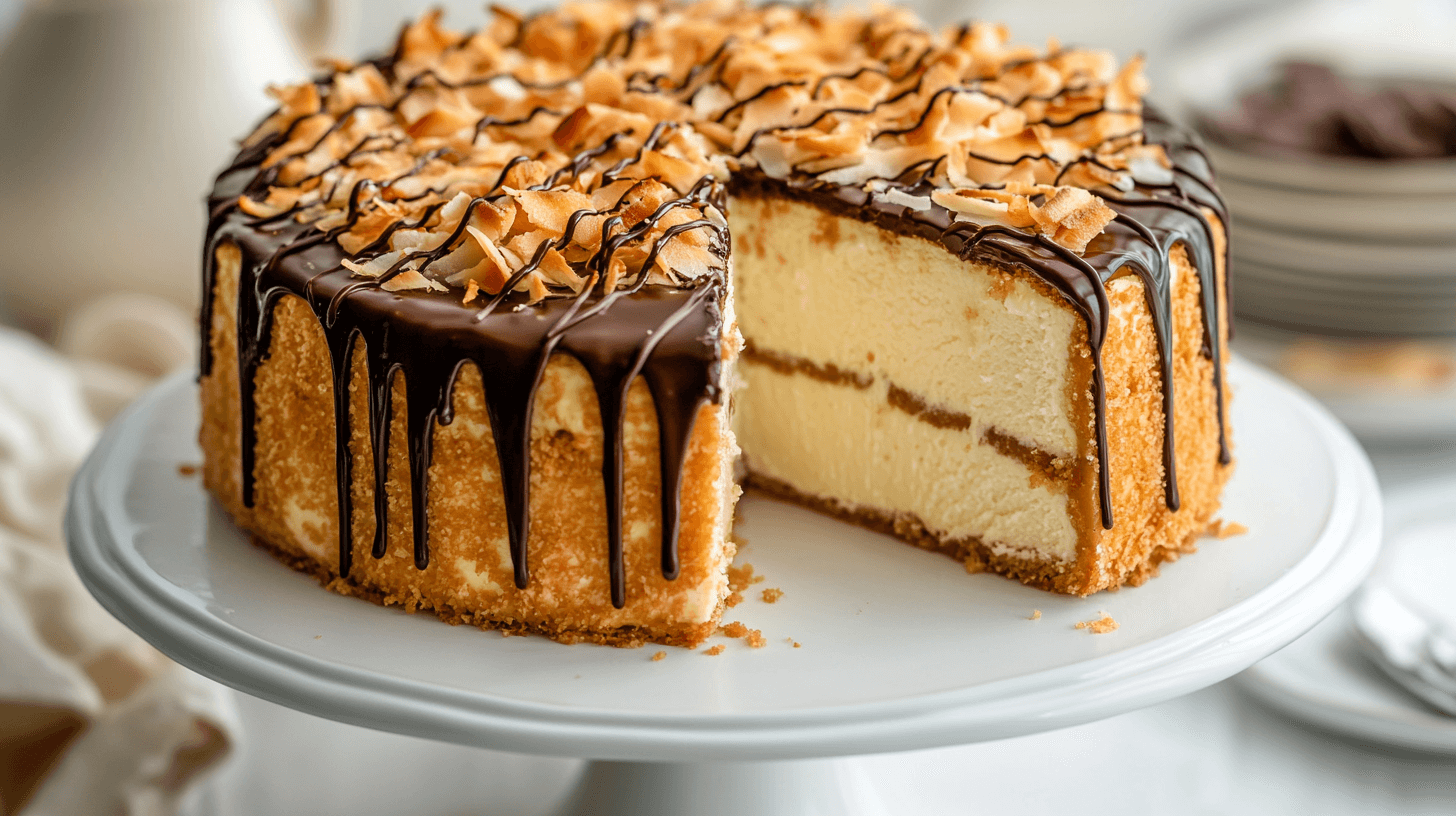 A decadent Samoa cheesecake on a white cake stand, topped with toasted coconut flakes and chocolate drizzle, with a slice removed to reveal its creamy layers.