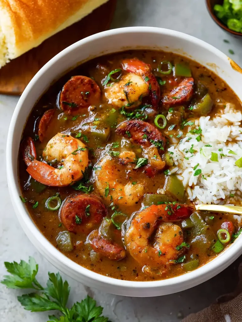 Close-up of shrimp and sausage gumbo served with white rice, garnished with parsley and green onions.