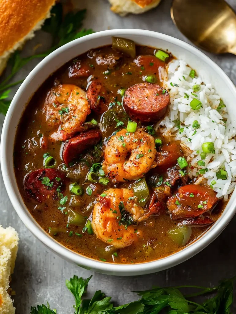Bowl of shrimp and sausage gumbo served with white rice, garnished with green onions and parsley.