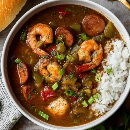Shrimp and sausage gumbo in a white bowl with white rice, garnished with chopped green onions and served with fresh bread.
