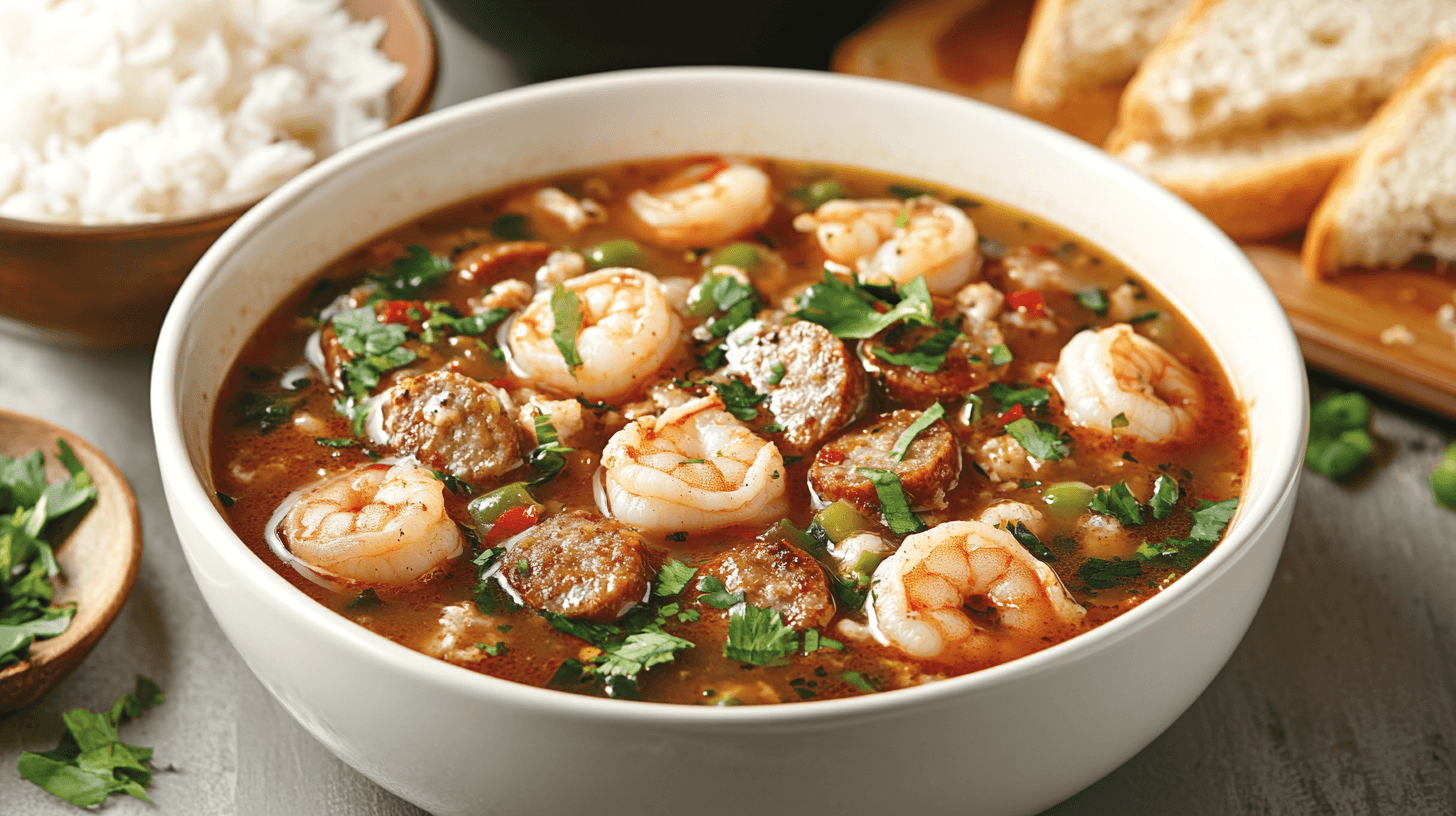 Bowl of shrimp and sausage gumbo garnished with fresh herbs, served with bread and a side of rice.