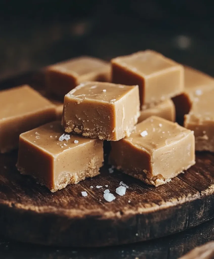 Creamy 3-ingredient peanut butter fudge cubes topped with sea salt flakes on a rustic wooden board.