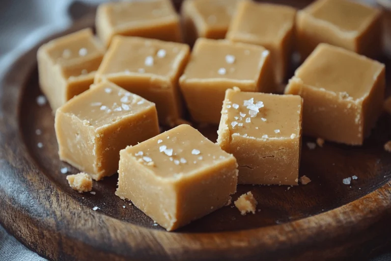 Creamy 3-ingredient peanut butter fudge squares topped with flaky sea salt on a rustic wooden plate.