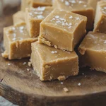 A stack of creamy peanut butter fudge squares topped with flaky sea salt on a rustic wooden board.