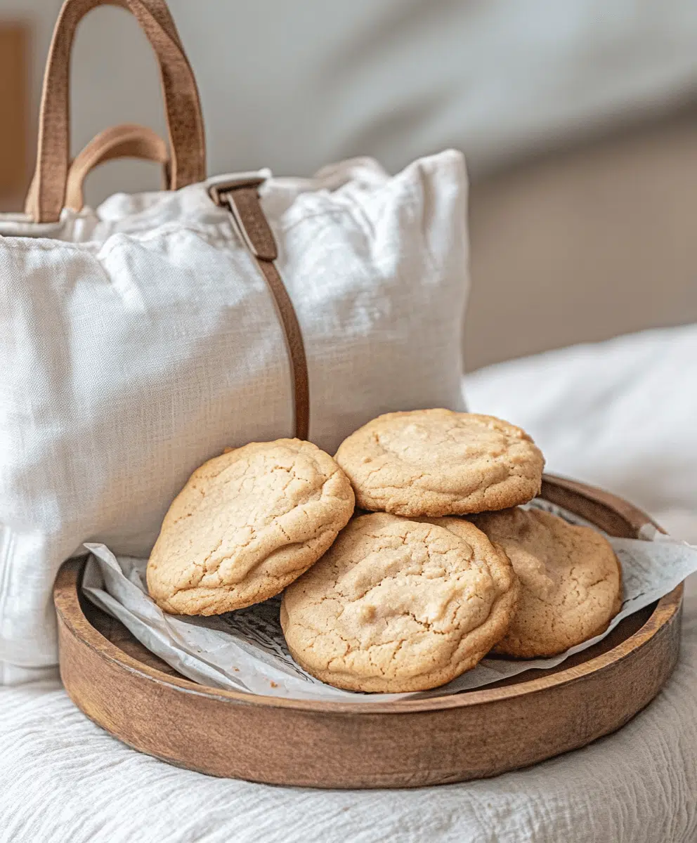 Four homemade 4-ingredient peanut butter cookies on parchment paper in a rustic wooden tray.