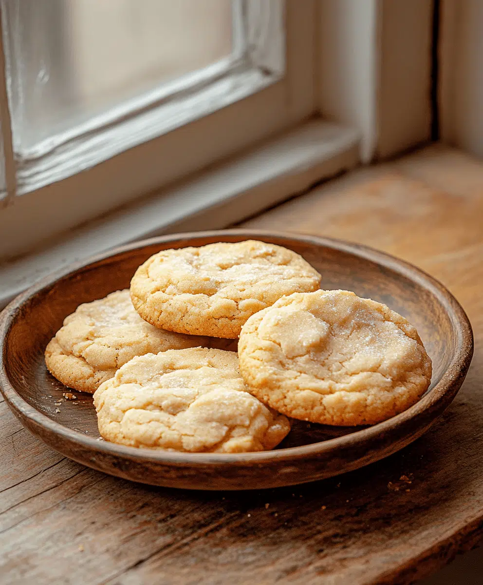 Four 4-ingredient peanut butter cookies on a rustic wooden plate by a window.