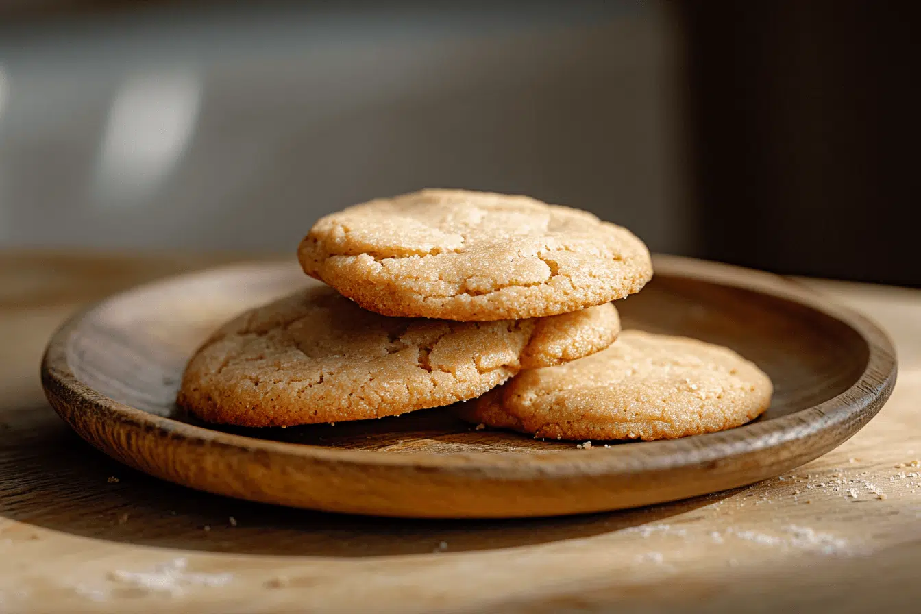 Homemade 4-ingredient peanut butter cookies stacked on a rustic wooden plate in warm natural light.