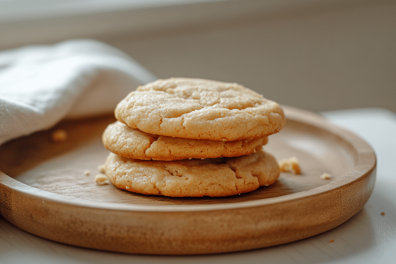 Stack of three soft 4-ingredient peanut butter cookies on a wooden plate with a white napkin in the background.