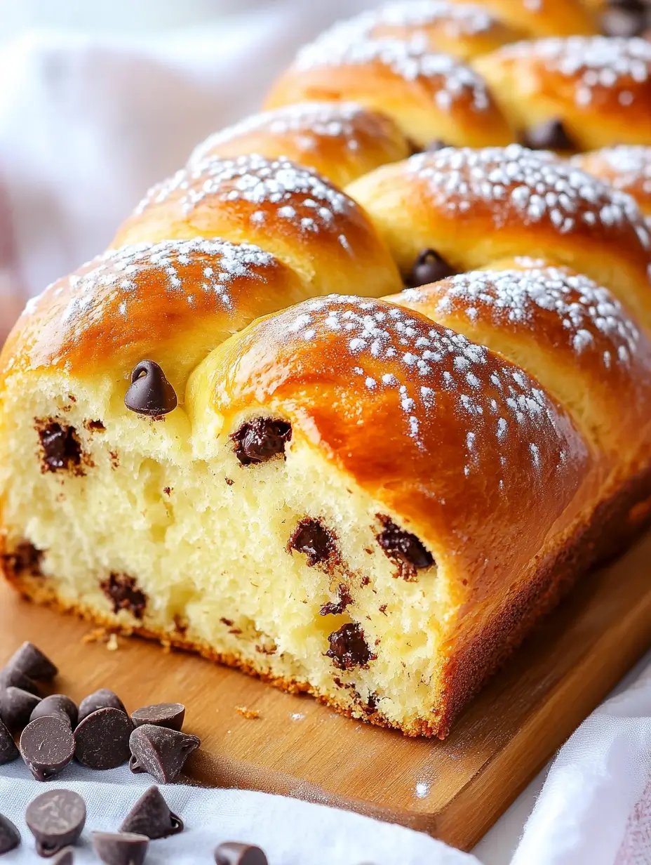 Golden braided chocolate chip brioche bread sliced open to reveal a fluffy, soft interior with melted chocolate chips, topped with powdered sugar.