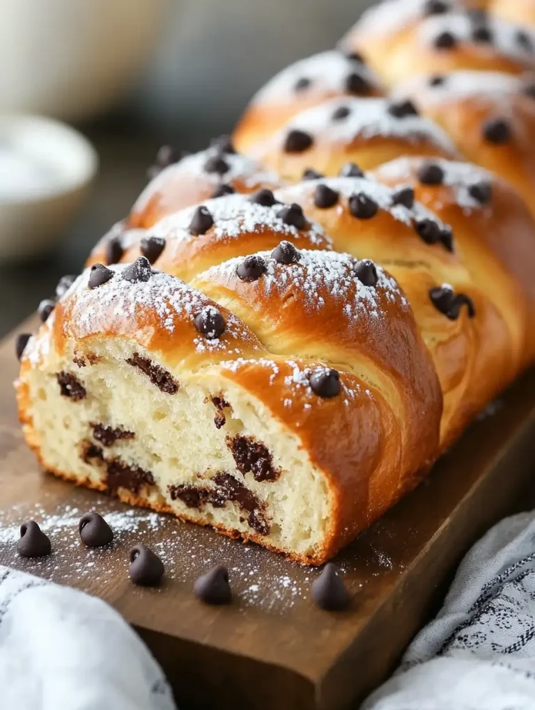 Braided chocolate chip brioche loaf topped with powdered sugar and chocolate chips, sliced to reveal a soft and fluffy interior with melted chocolate.
