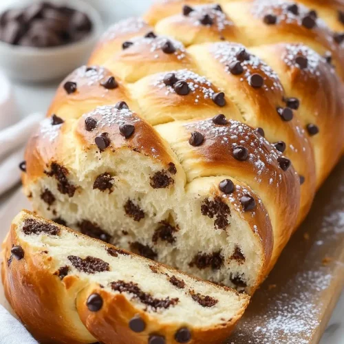 Freshly baked braided chocolate chip brioche bread sliced on a wooden board, with a soft, fluffy interior and chocolate chips throughout.