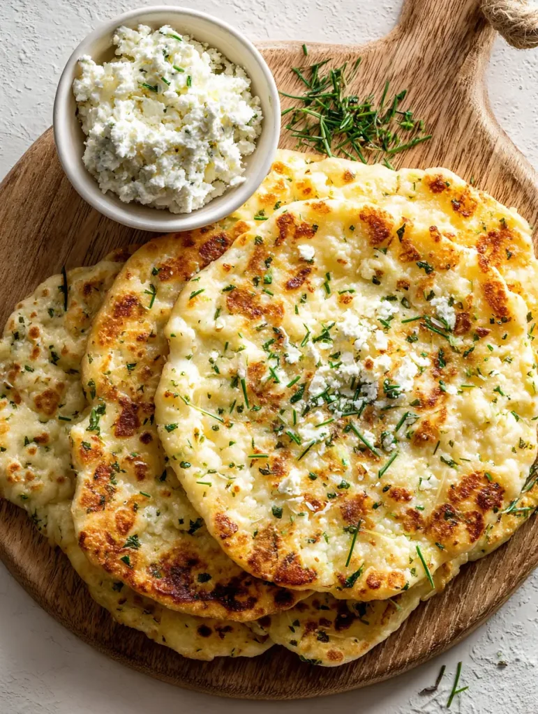 Homemade cottage cheese flatbread topped with fresh herbs, served on a wooden board with a side of cottage cheese.
