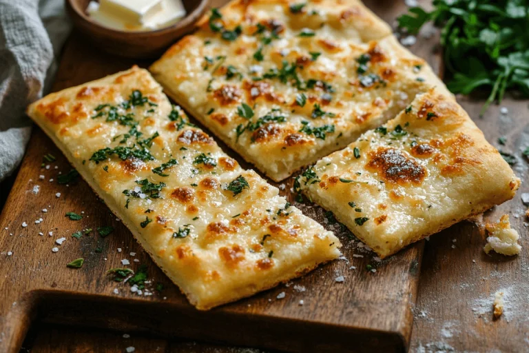 Golden brown cottage cheese flatbread topped with melted cheese, fresh herbs, and sea salt, cut into rectangular slices on a wooden cutting board.