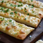 Crispy cottage cheese flatbread slices topped with fresh herbs and sea salt on a wooden cutting board.