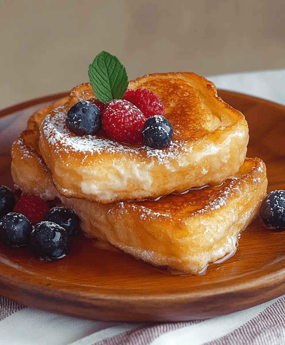 Hawaiian roll French toast stacked on a wooden plate, topped with powdered sugar, fresh blueberries, raspberries, and a mint leaf.