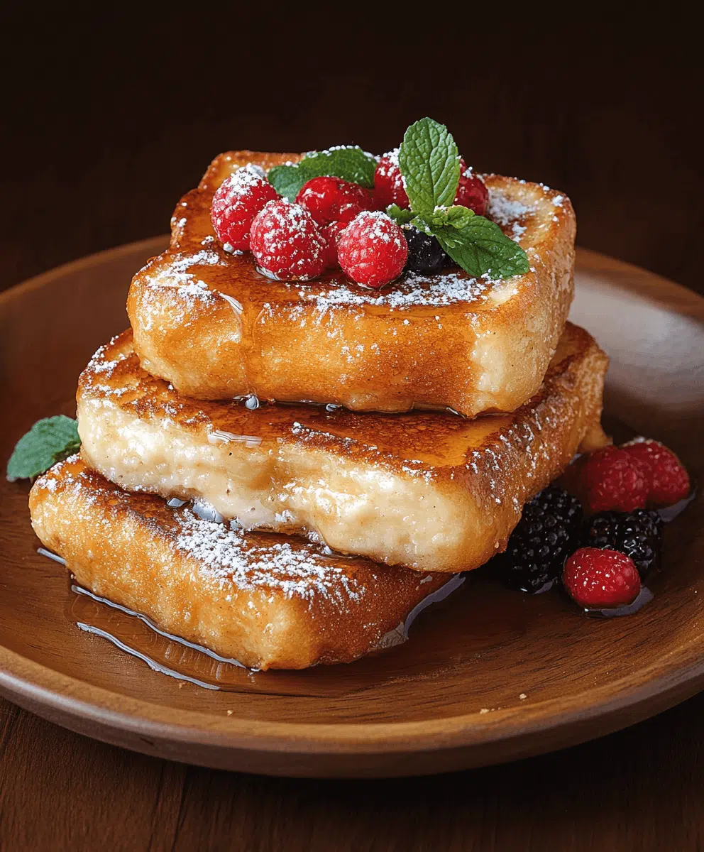 Stacked Hawaiian roll French toast with syrup, powdered sugar, fresh raspberries, blackberries, and mint leaves on a wooden plate.