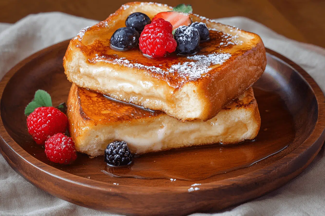 Two slices of Hawaiian roll French toast with syrup, powdered sugar, fresh raspberries, blueberries, and a strawberry garnish on a wooden plate.