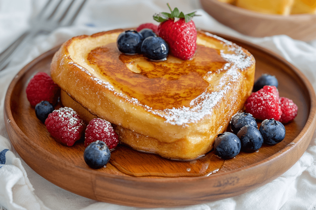 Hawaiian roll French toast stacked on a wooden plate, topped with syrup, powdered sugar, and fresh berries.