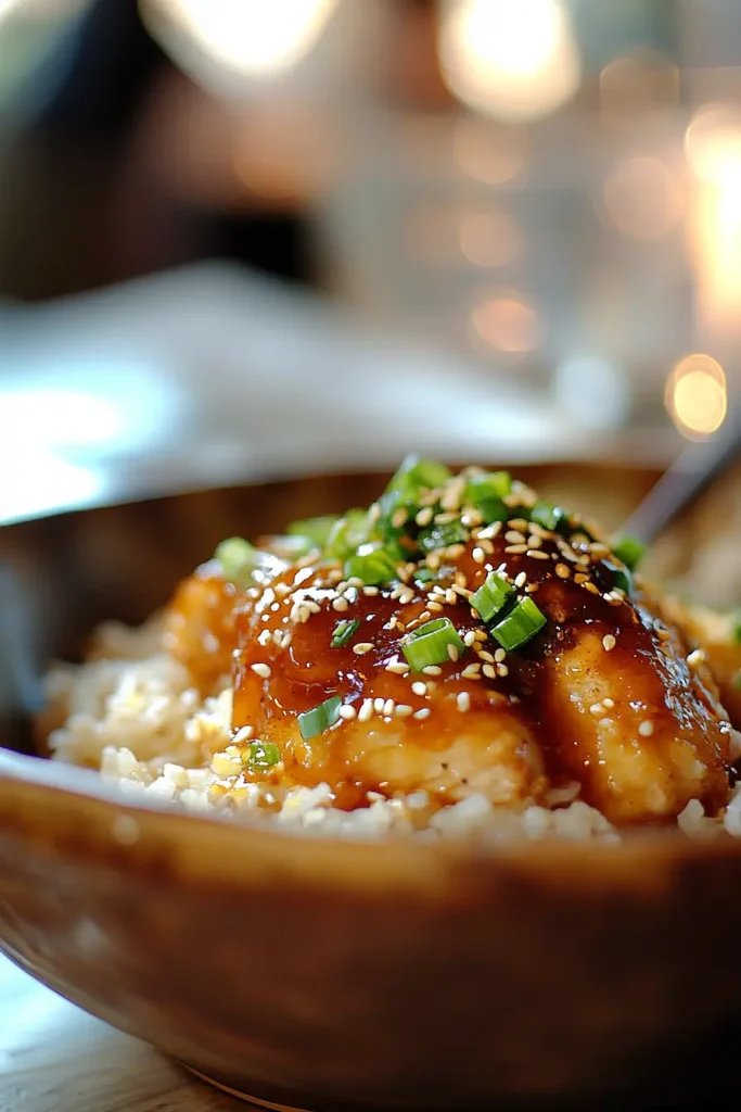 Close-up of crispy hot honey chicken over rice topped with sesame seeds and green onions.