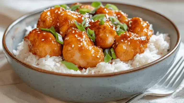 Hot Honey Chicken and Rice Bowl garnished with sesame seeds and green onions.