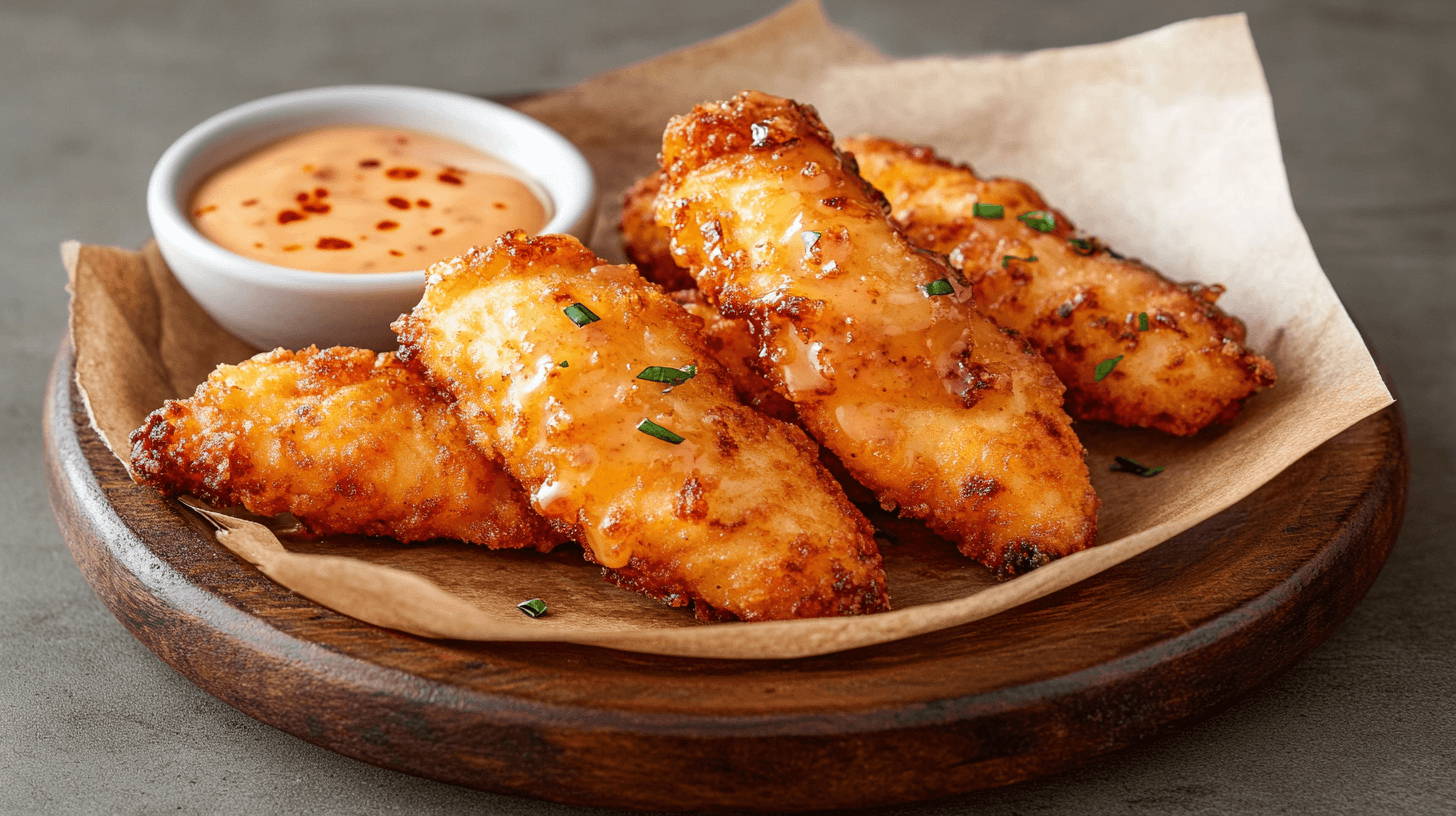 Crispy hot honey chicken tenders drizzled with spicy honey glaze, served with dipping sauce.