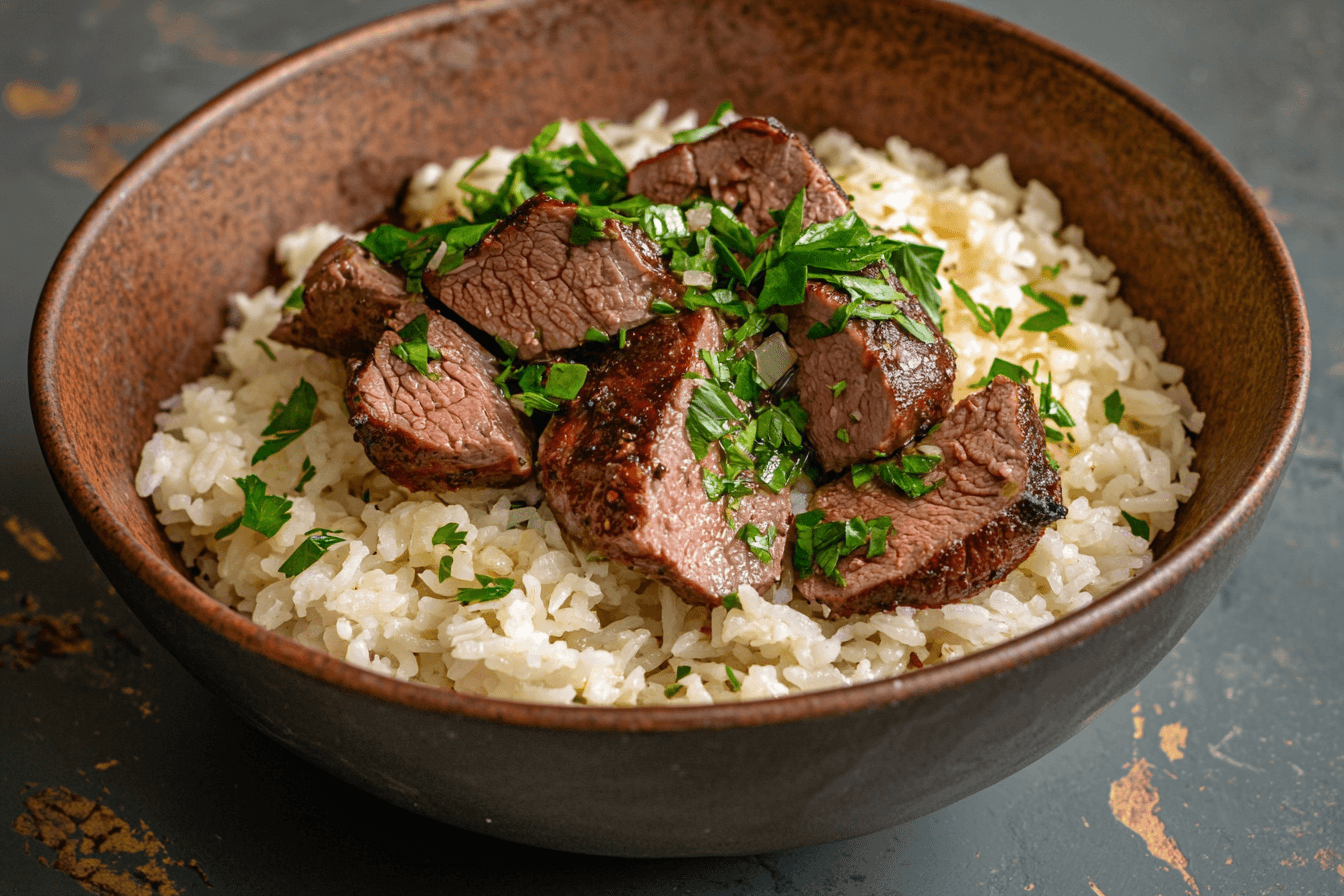 Tender lamb pieces served over a bed of fluffy white rice, garnished with fresh chopped parsley.