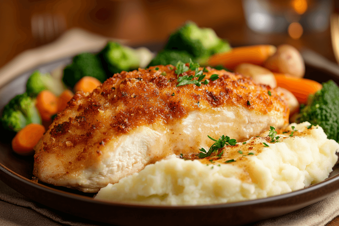 LongHorn Parmesan Crusted Chicken served with mashed potatoes and steamed vegetables.