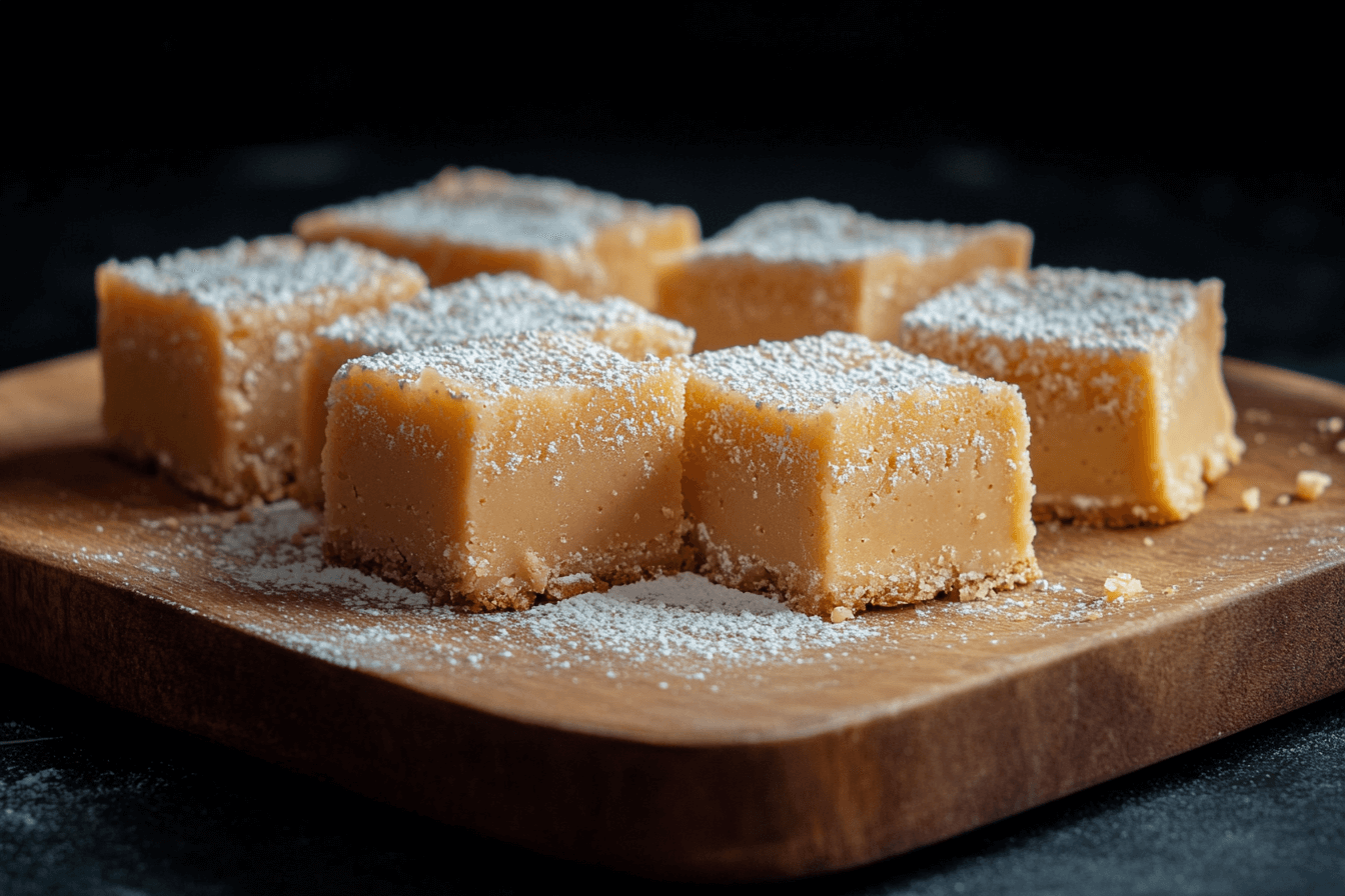 Old-fashioned peanut butter fudge cut into small square pieces, dusted with powdered sugar, and arranged neatly on a wooden serving board.