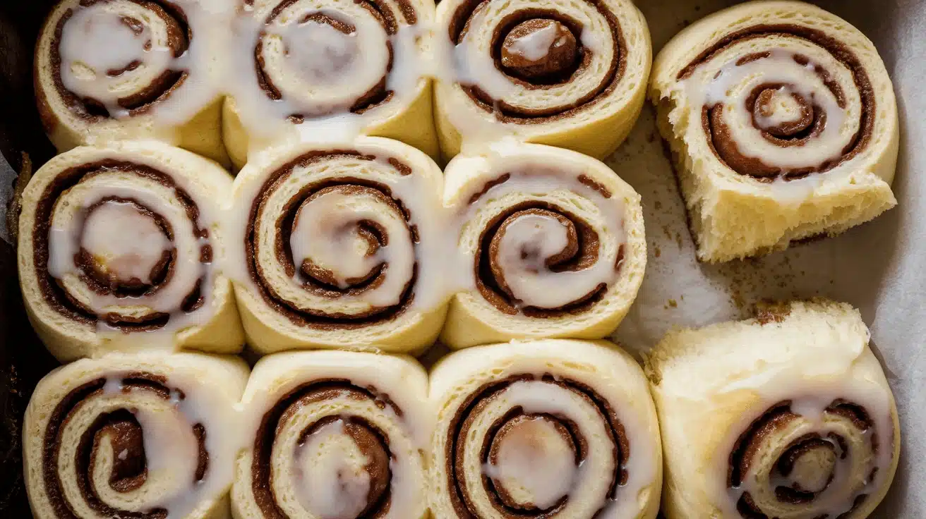 Freshly baked overnight sourdough cinnamon rolls with sweet icing drizzle.