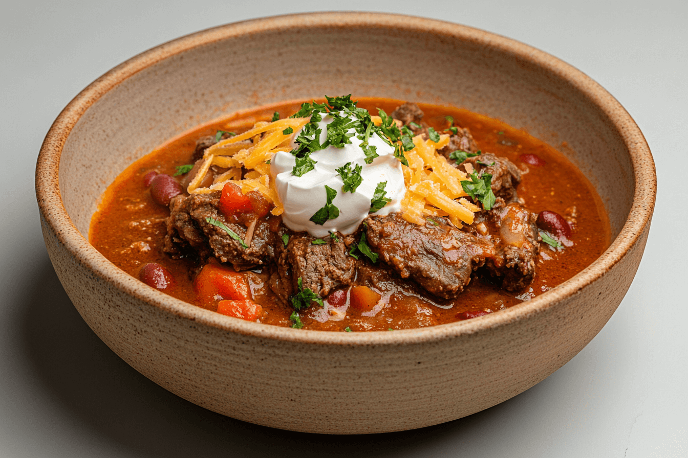 Bowl of hearty venison chili topped with shredded cheddar cheese, a dollop of sour cream, and freshly chopped parsley.