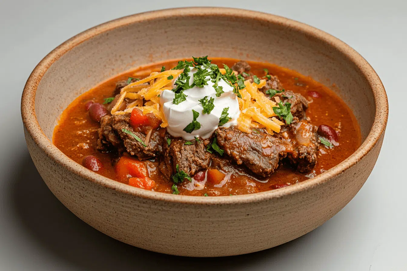 Bowl of hearty venison chili topped with shredded cheddar cheese, a dollop of sour cream, and freshly chopped parsley.