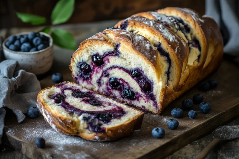 A loaf of blueberry cream cheese sourdough bread with swirls of fresh blueberries and creamy cheese filling, dusted with powdered sugar on a wooden cutting board.
