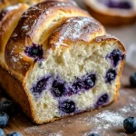 A freshly baked loaf of blueberry cream cheese sourdough bread with golden crust and juicy blueberries, dusted with powdered sugar on a wooden board.