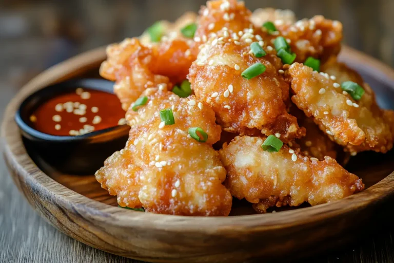 Crispy golden-brown chicken tempura garnished with sesame seeds and green onions, served with a side of spicy dipping sauce in a wooden bowl.