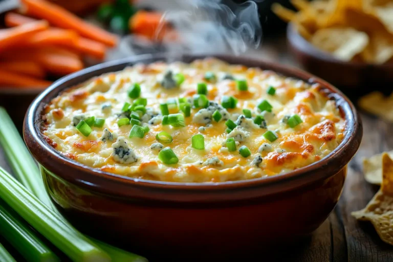 A steaming hot buffalo chicken dip topped with melted cheese, blue cheese crumbles, and chopped green onions, served with fresh celery sticks and tortilla chips.