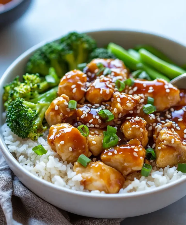 Honey garlic chicken served over rice with broccoli and sesame seeds in a bowl.